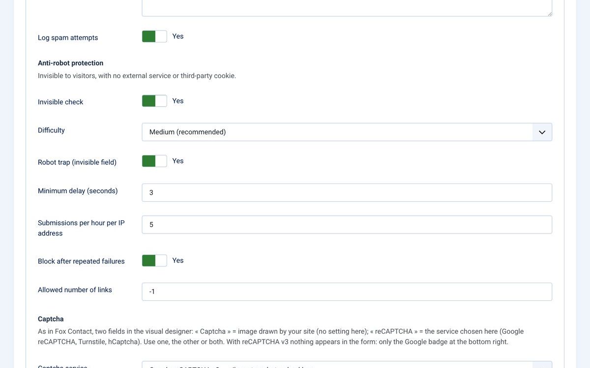 Security tab: invisible anti-spam and captcha