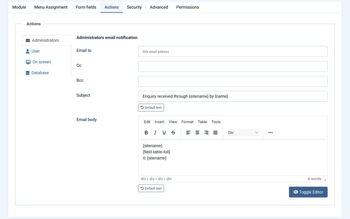 Actions tab: email to the administrators, default texts