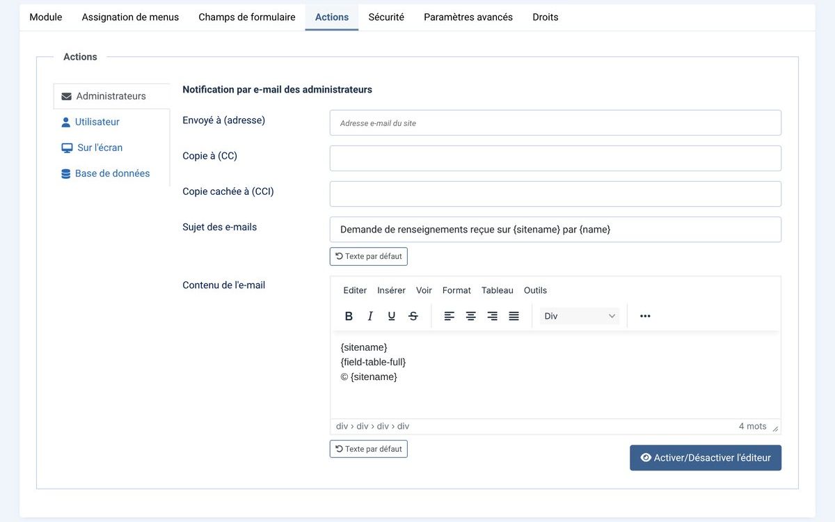 Onglet Actions : e-mail aux administrateurs, textes par défaut