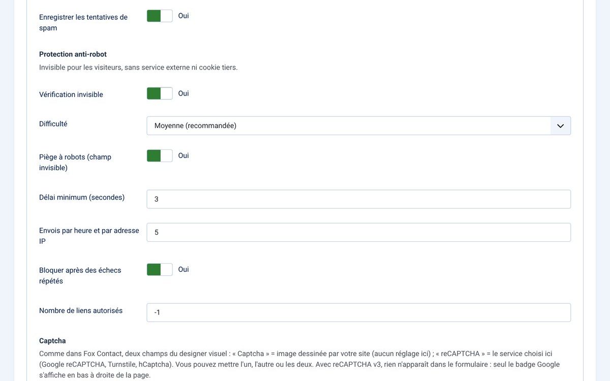 Onglet Sécurité : anti-spam invisible et captcha